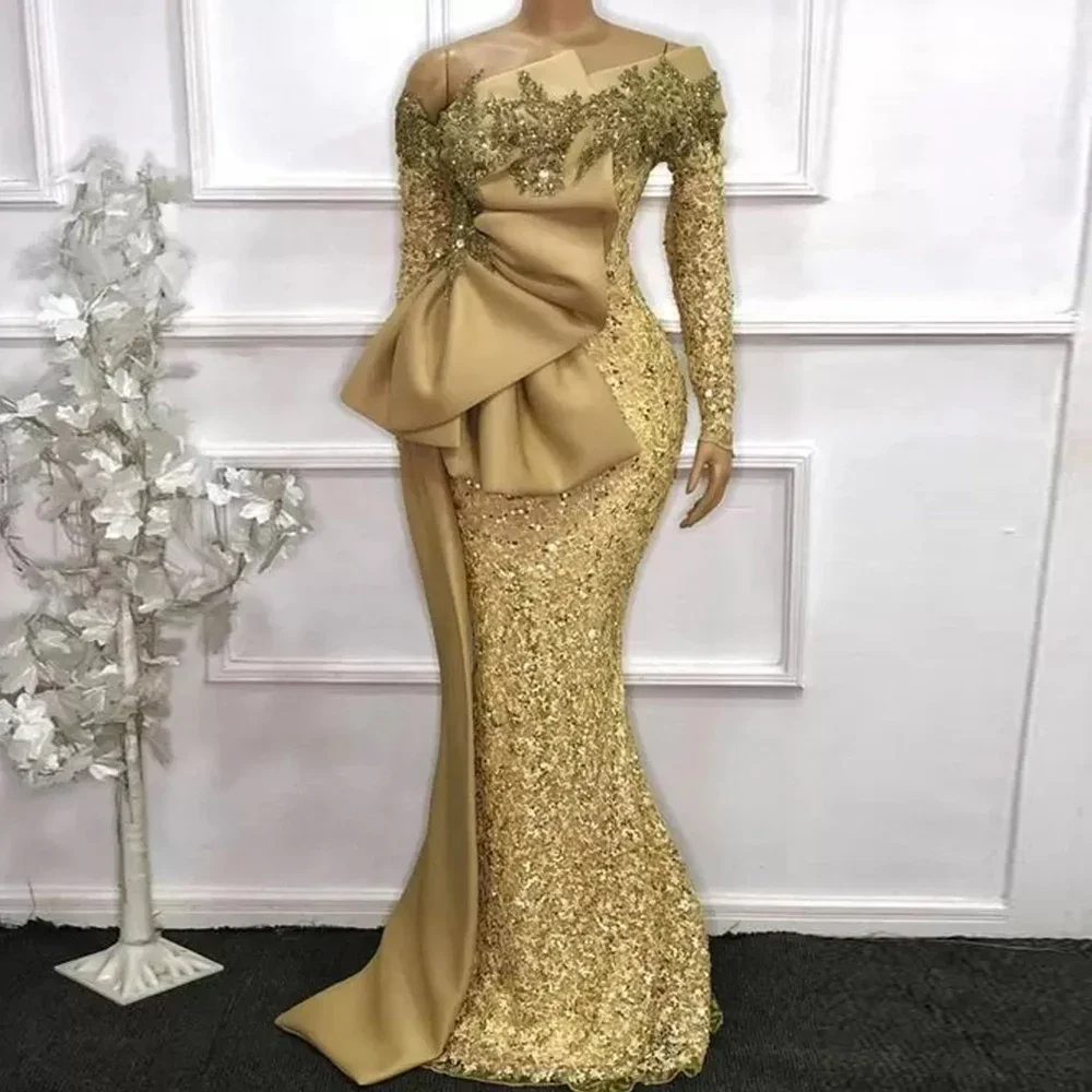 African Woman Plus Size Evening Dresses Lace Long Sleeves Mermaid Glitter Gold Party Dress Sequins Applique Bow Waist Prom Gowns