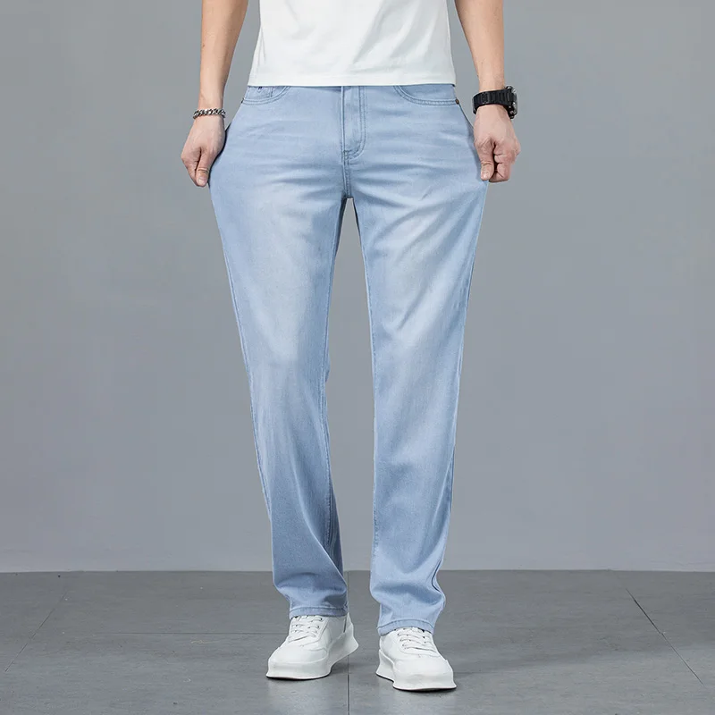 2024 Summer  Business Thin Material Lyocell Jeans Male Loose Straight Comfortable Casual Light White Blue Stretch Denim Trousers