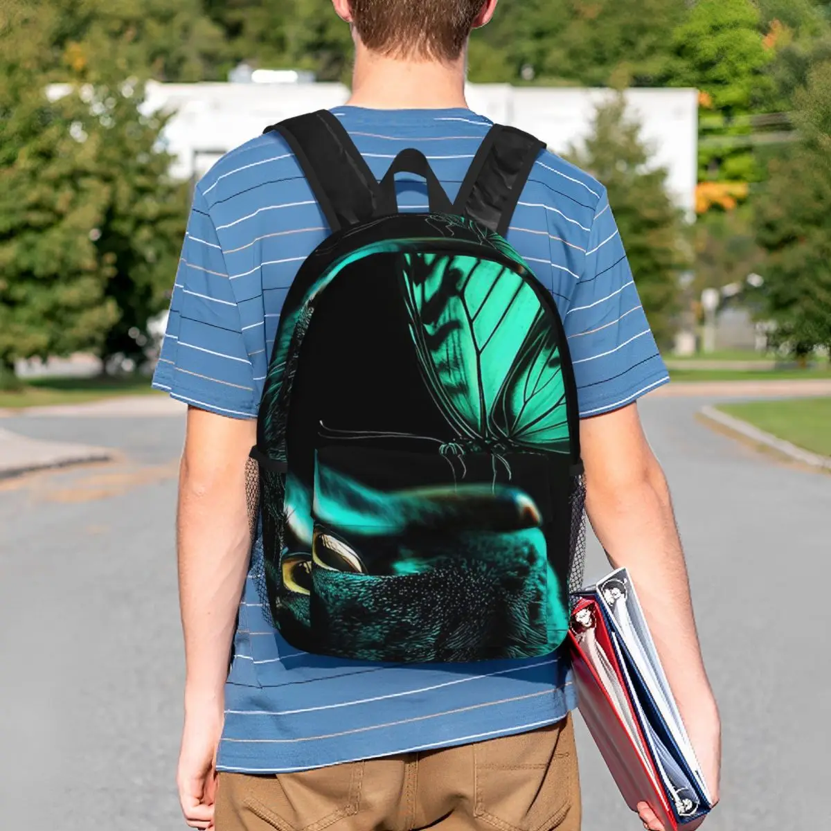 Cat And Glowing Butterfly Backpack Student BookBag Kids School Bag Computer Shoulder Bags for Men Women