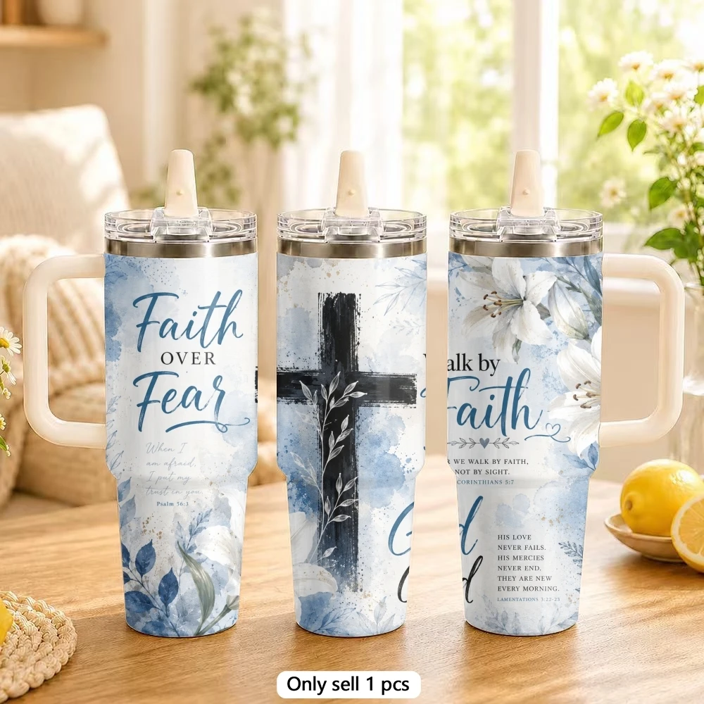 Christ's Cross Prayer Vacuum Flasks 40oz Vacuum Insulated Travel Mug with Straw & Handle | Stainless Steel Leakproof Tumbler