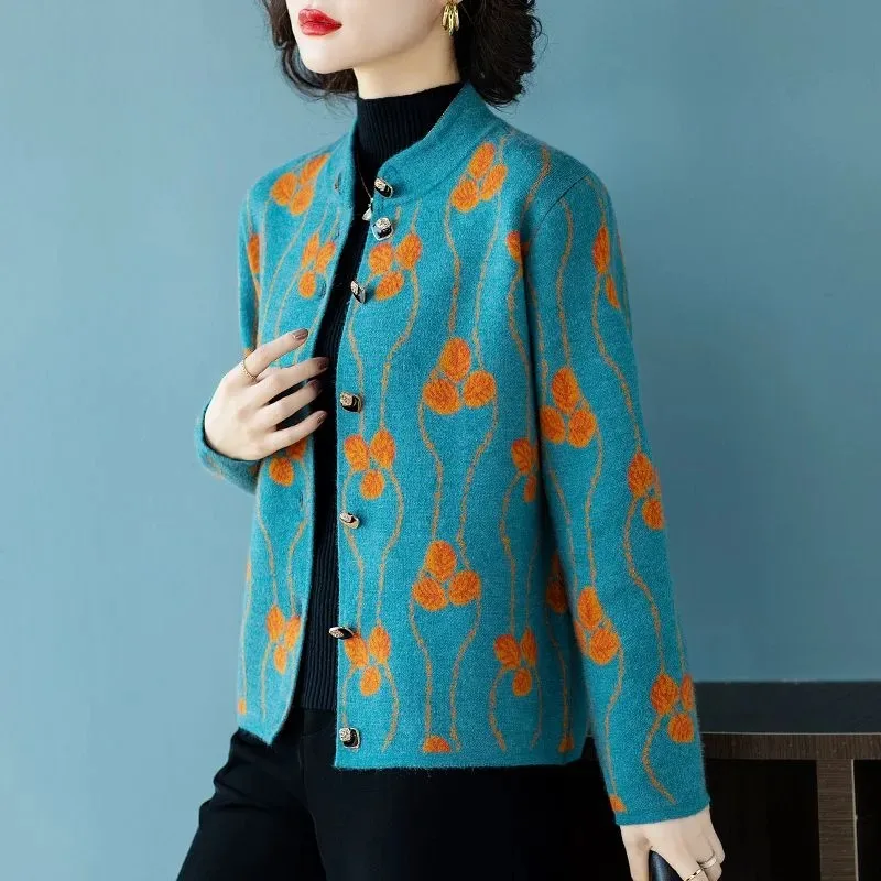 

Осенне-зимний женский кардиган на пуговицах с длинными рукавами и цветочным принтом контрастного цвета, модный повседневный элегантный топ с круглым вырезом