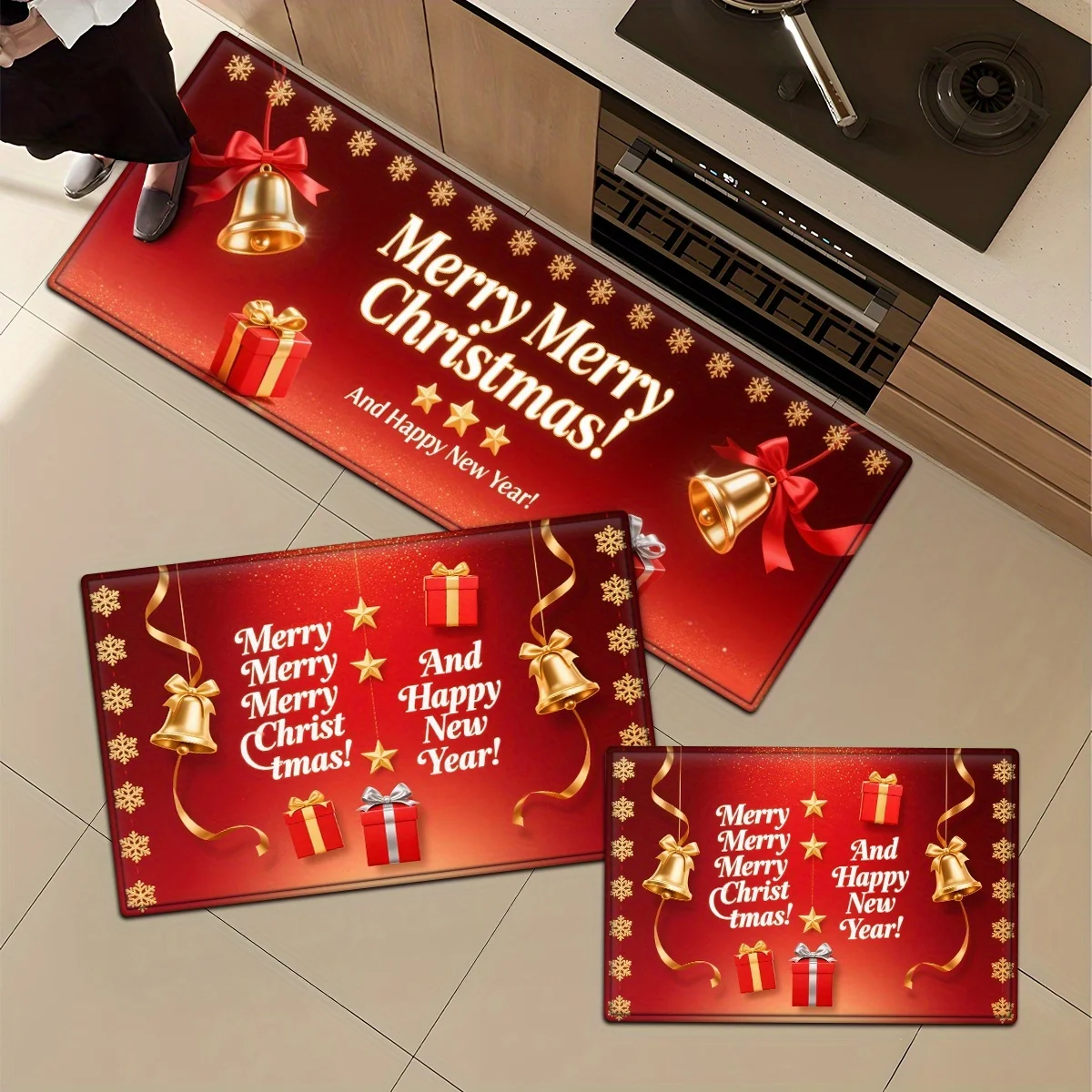 Christmas Kitchen Rugs Set Snowman Santa Xmas Print Non Slip Mat 1/2/3Pcs Options Washable Holiday Home Floor Decor
