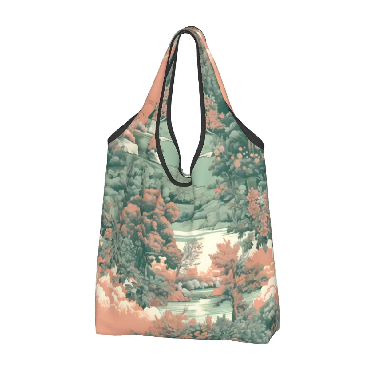 Tosca Peach Toile De Jouy Forest Large Reusable Bags Shopping Foldable French Landscape Grocery Bags Lightweight Gift Eco Bags