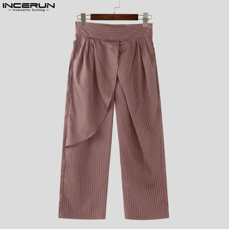 INCERUN กางเกงลำลองผู้ชายแฟชั่นเอวสูงลายทางกางเกงขากว้างกางเกงขายาวโอเวอร์ไซส์ S-5XL เสื้อผ้าผู้ชายสตรีทแวร์