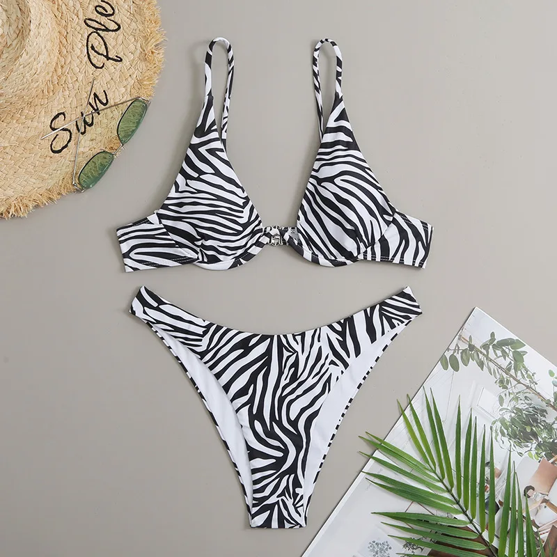 Zebra Striped Halter Triangle Bikini Set Push-up Bra High Waist Panties Women Micro Thong Bikinis 2023 Mujer String Swimsuit