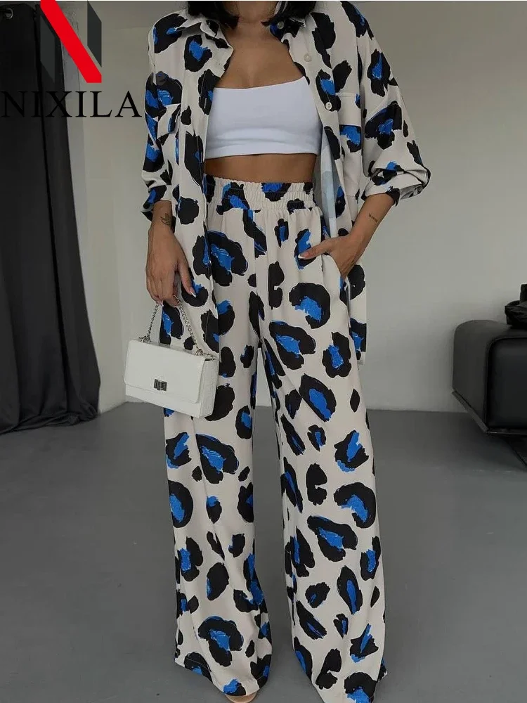 

Womens Outifits Leopard Printed Elegant Women's Sets Casual Streetwear Long Sleeve Tops Wide Leg Pants Tracksuit Two Piece Sets