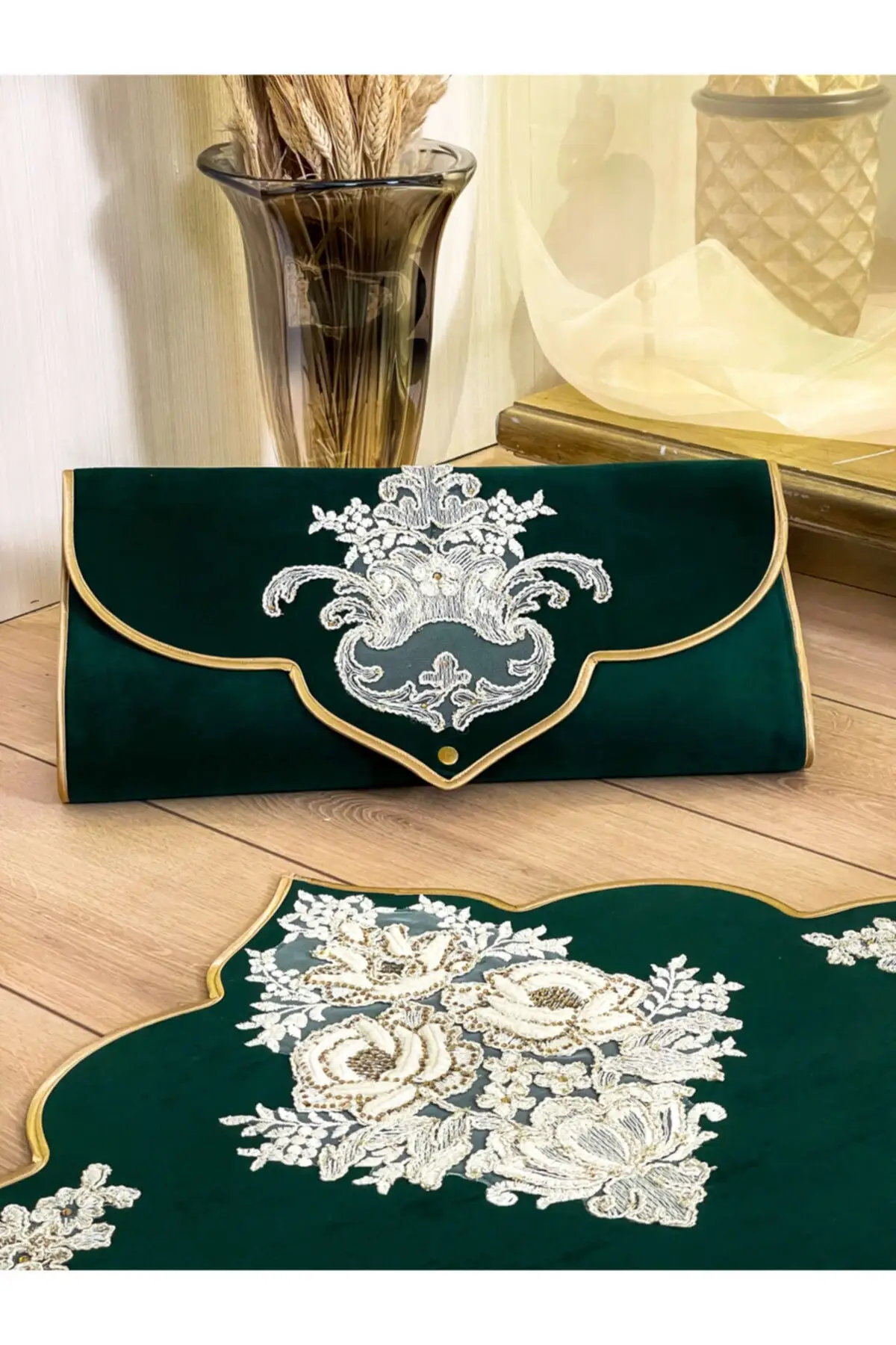 DOLBOVI bridal green Seccade and bag, double-sided velvet, handmade, luxury, non-slip sole, dowry Meditation Rug