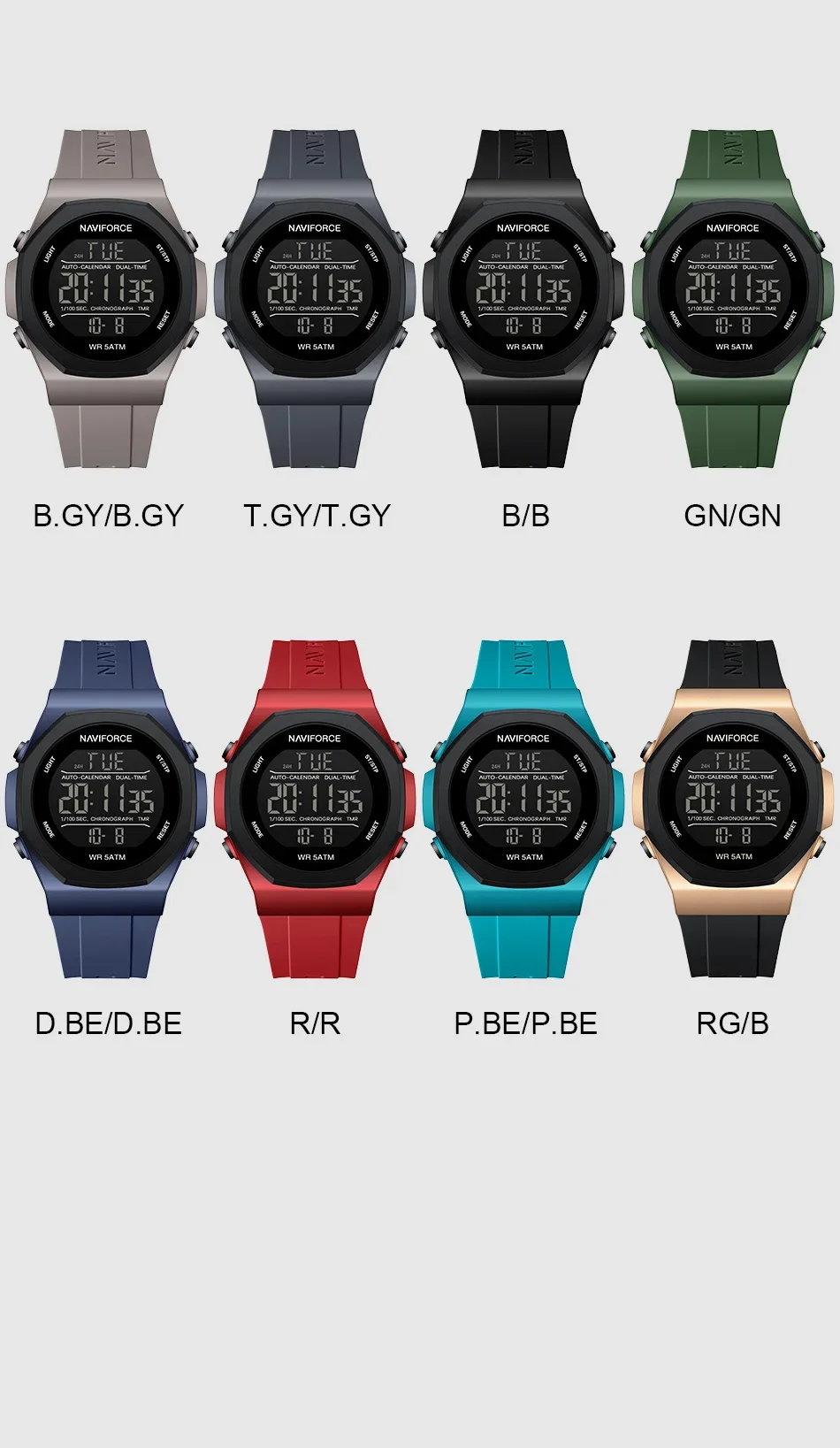 NAVIFORCE NF7117 Мужские спортивные часы на открытом воздухе с большим экраном ЖК-электронные водонепроницаемые светящиеся военные цифровые наручные часы