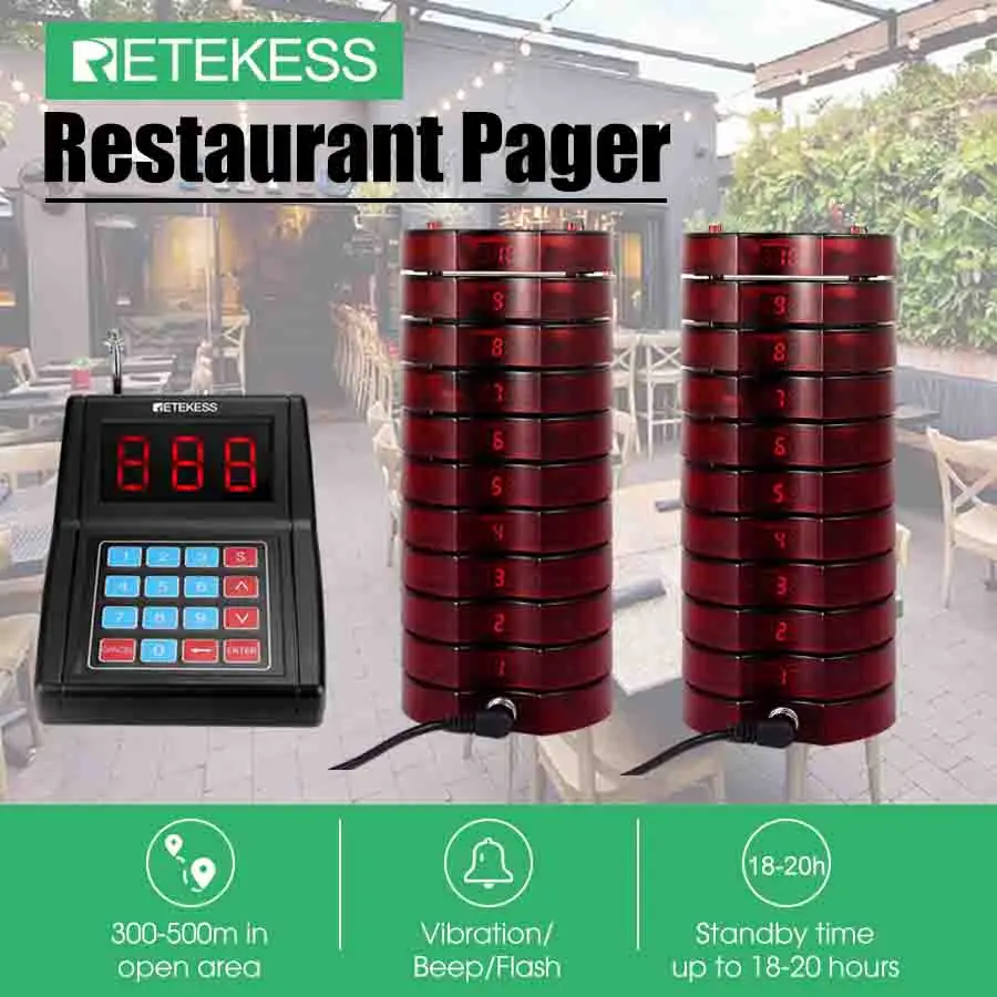 Retekess TD165 Restaurant Wireless Calling Paging System 20Coaster Pager Receivers Max 999 Buzzers For Church Coffee Shop Clinic