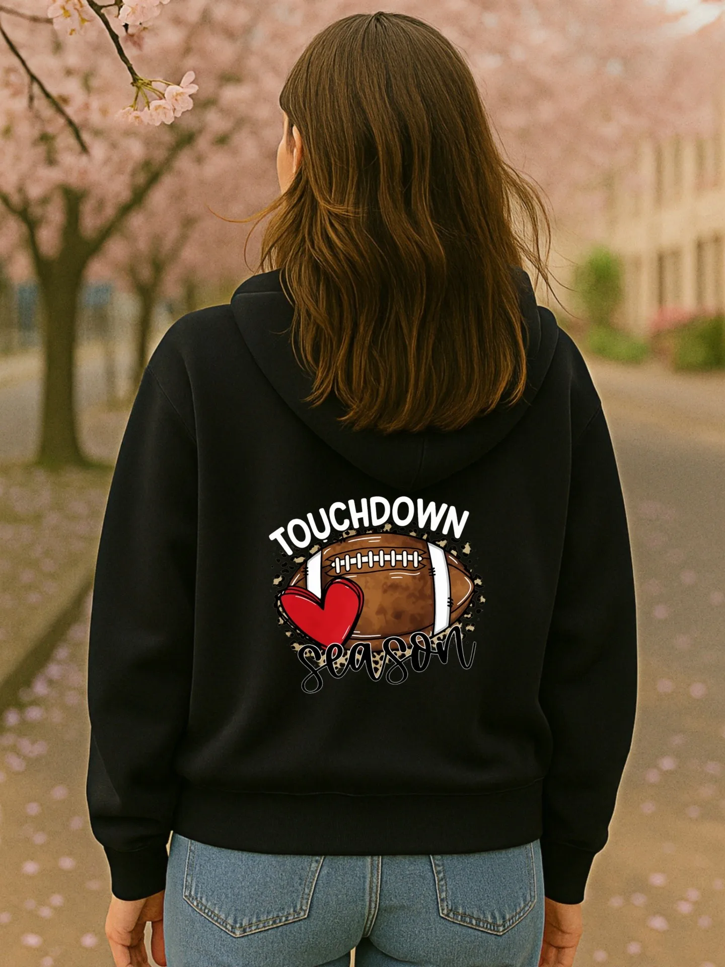 Football Heart Graphic Print Essential Hoodie, Casual Aesthetic Style, Fleece Fabric, Casual Everyday Wear, For Teens