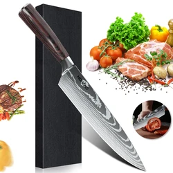 Favourite Kitchen Knife 440C German Steel Chef Knife Damascus Laser Pattern 8inch Cleaver Filleting Santoku Knife Cooking Tool