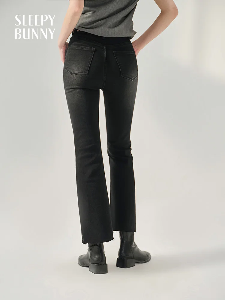 

Vintage Flared High Waist Jeans Women Fit Stretch Denim Pants Frayed Hem Trousers Retro Casual Nine Point Straight Leg Bottoms