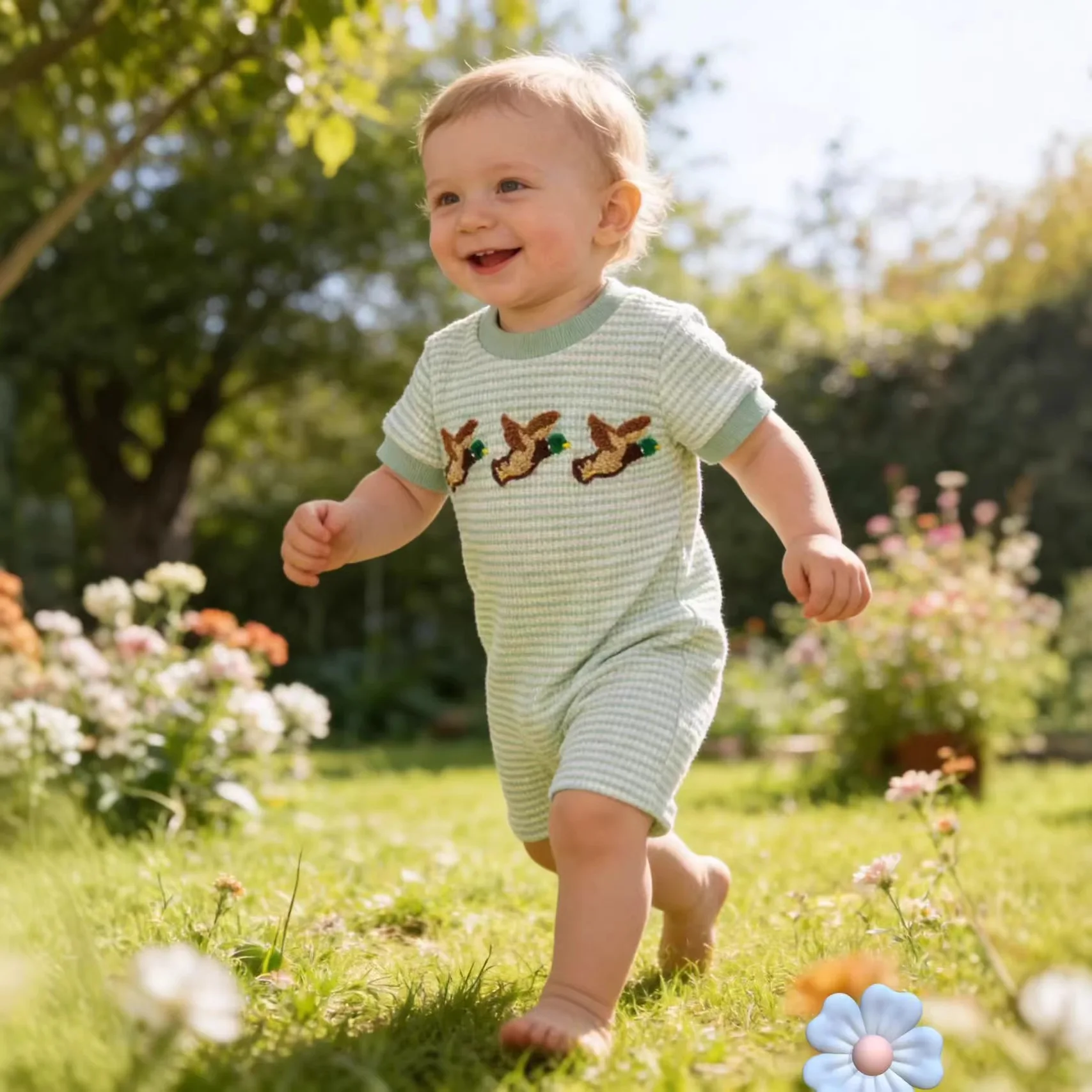 Summer neutral infant light green striped three birds embroidered fart coat comfortable jumpsuit