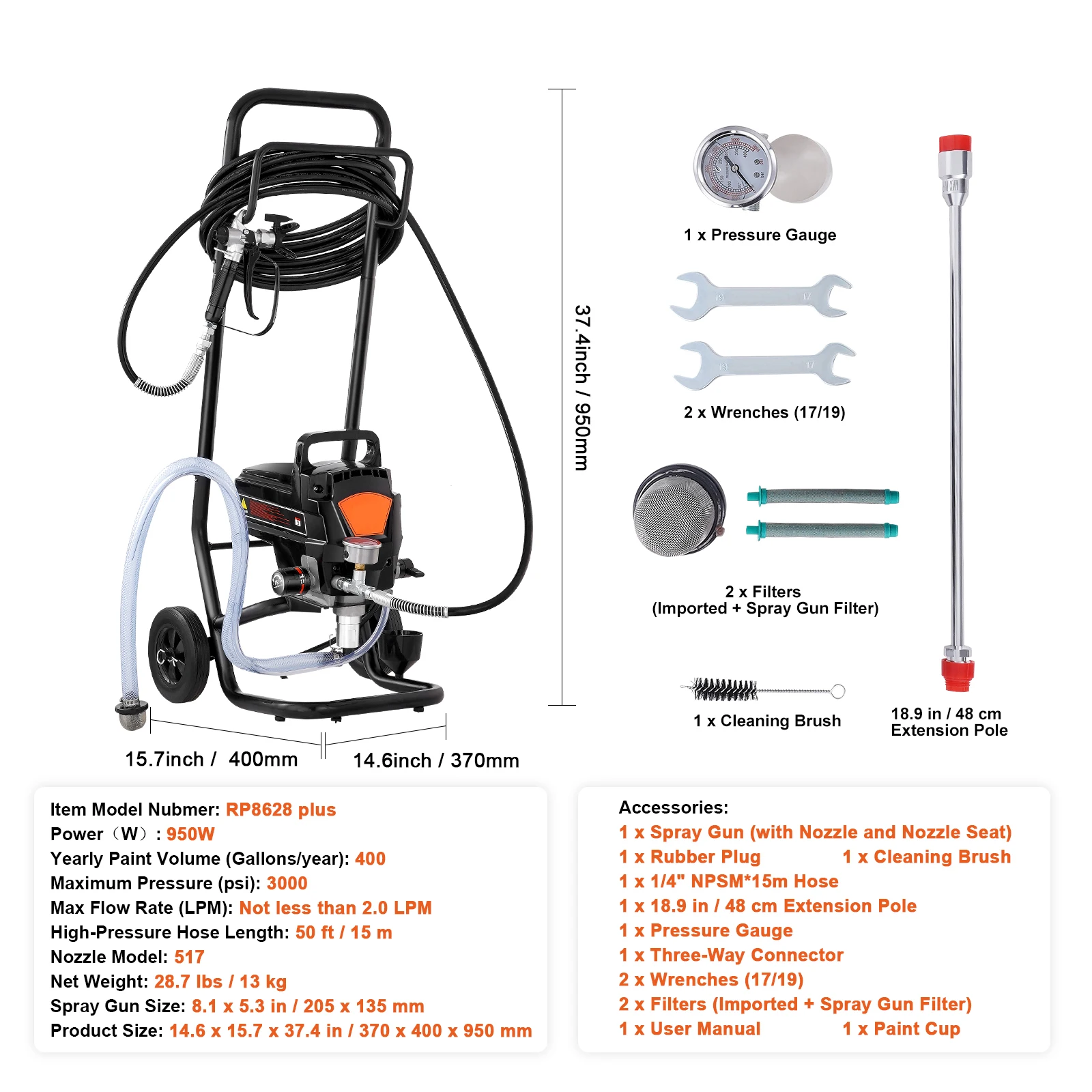 SucceBuy 750W 950W Airless Verfspuit 3000PSI Hoog rendement Elektrisch Airless Spuitapparaat Handheld Verfspuiten Interieur