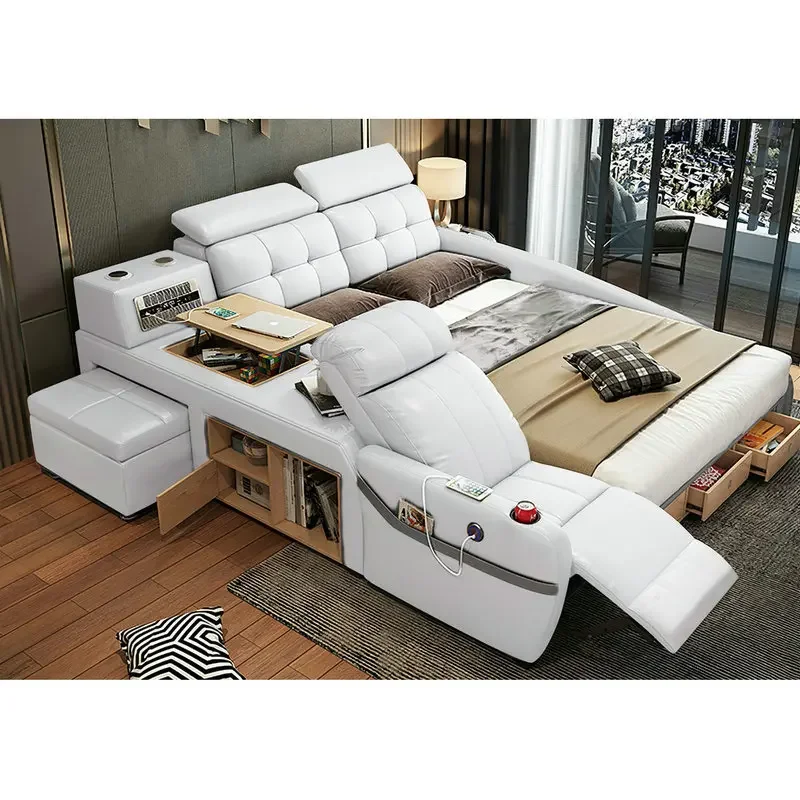 Multifunctional Double Leather Bed, Bluetooth Speaker Master Bedroom Bed, Massage Storage Horizontal Smart Bed (no Mattress)