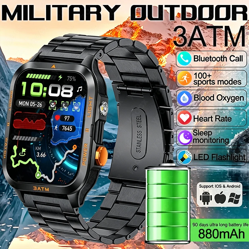 

2026 New Military-grade 3ATM Heart Rate Smart Watch Men LED Flashlight 880mAh Bluetooth Call 1.96-inch 100+Sports Smartwatch