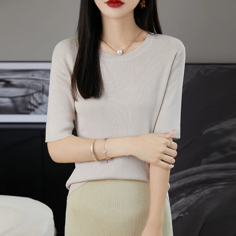 Women Silk Knit Thin Tops 2024 New Classic Summer Wild Short Sleeve T-shirts Female Slim Fashion O-neck High-grade Basic Shirt