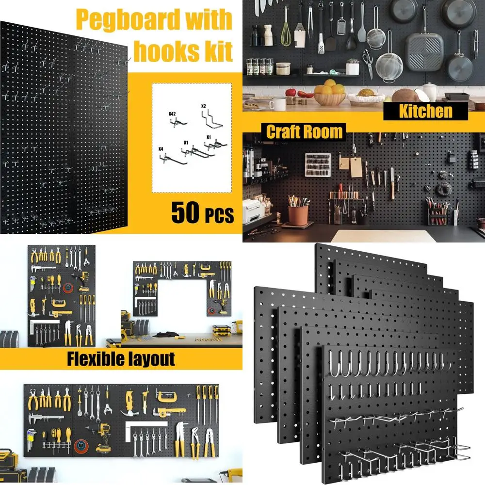 

Набор металлических перфорированных досок с 8 панелями и 50 крючками, черный настенный органайзер для дома, гаража, офиса и поделок