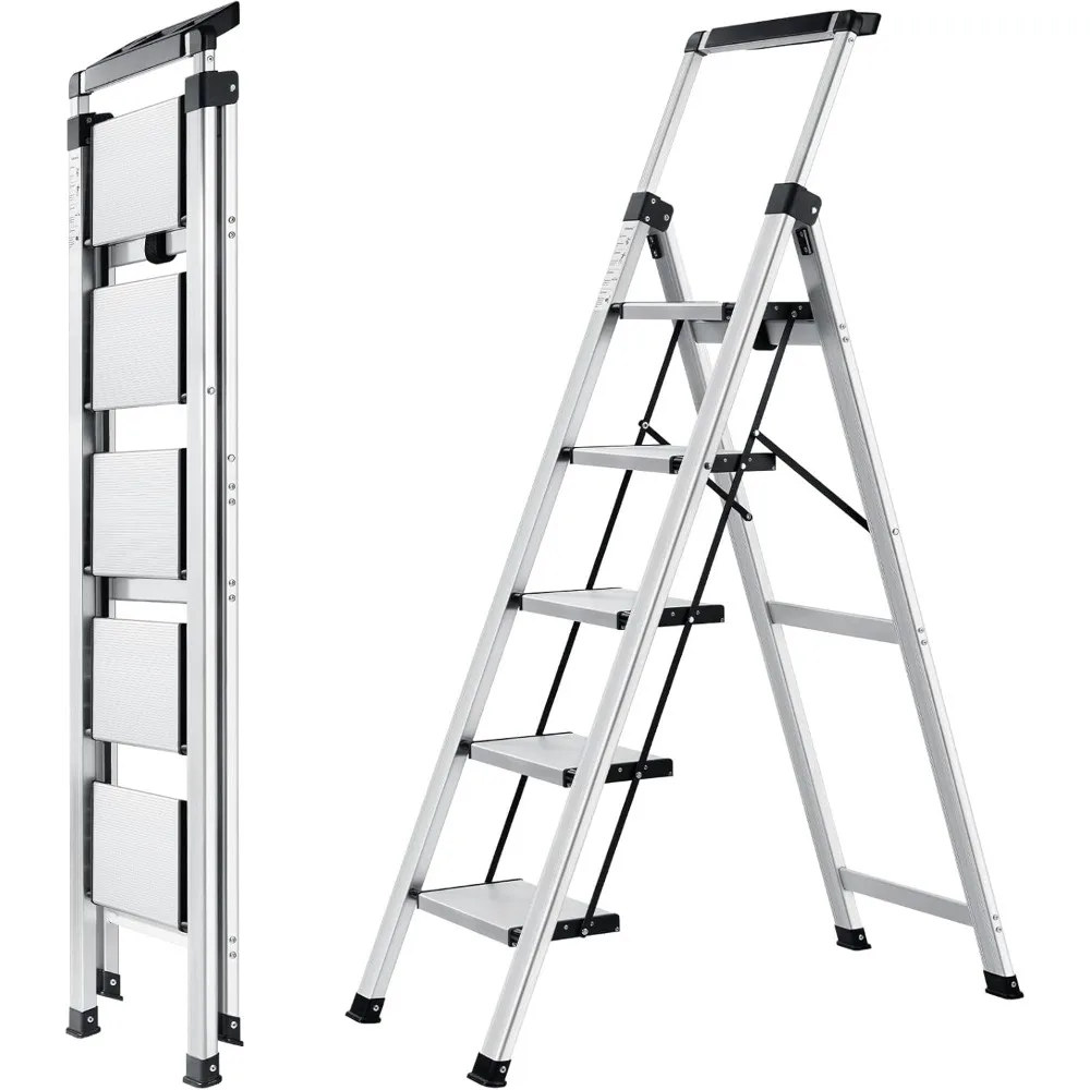 5 Step Ladder, Retractable Handgrip Folding Step Stool with Anti-Slip Wide Pedal, Aluminum Stool Ladders