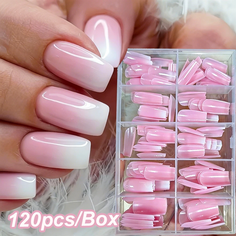 

120pcs Pink Blusher Gradient French Fake Nails Medium Coffin High Gloss Pink White Simple Press On Fake Nails For Women Party#%﻿