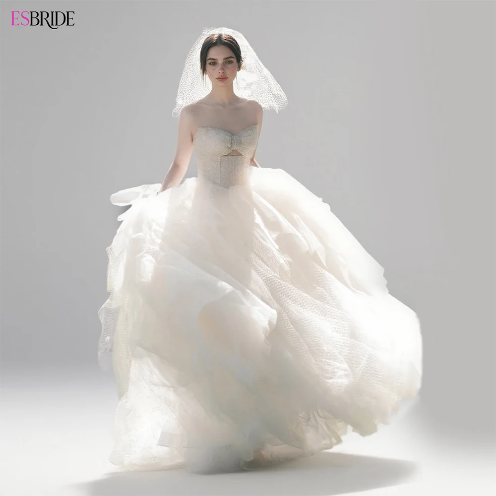 

ESBRIDE Bling Bling Strapless Wedding Dress with Big Bow Sash and Multi-Layered Tulle Skirt Glittering Customized Bride Gown