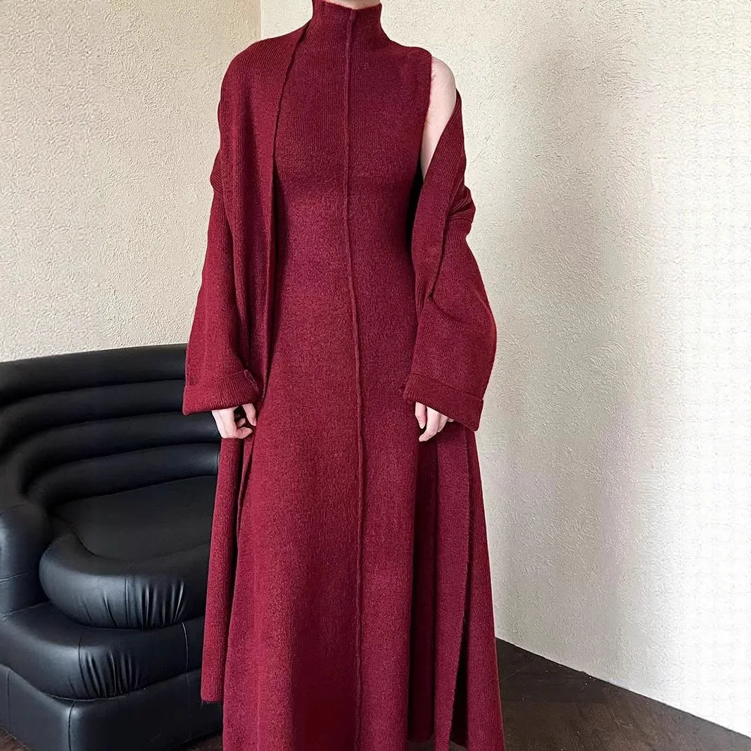 Patchwork Cardigan For Women Long Coat And High Neck Dress Set Long Sleeve Two Piece Loose Fit Casual Autumn Winter view 3