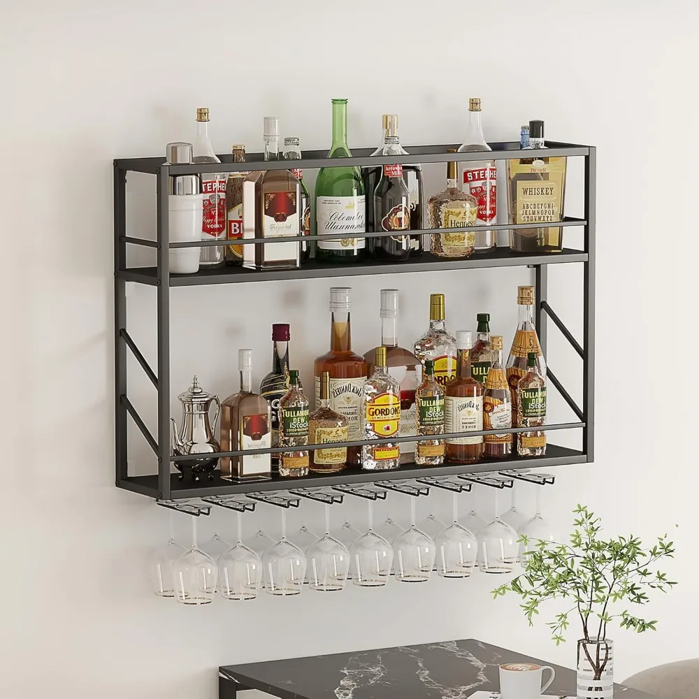 Wall Mounted Wine Rack 2 Tier, Metal Bar Liquor Shelves and Glass Holder,Wall Bar Shelf Wine Display Storage Holder