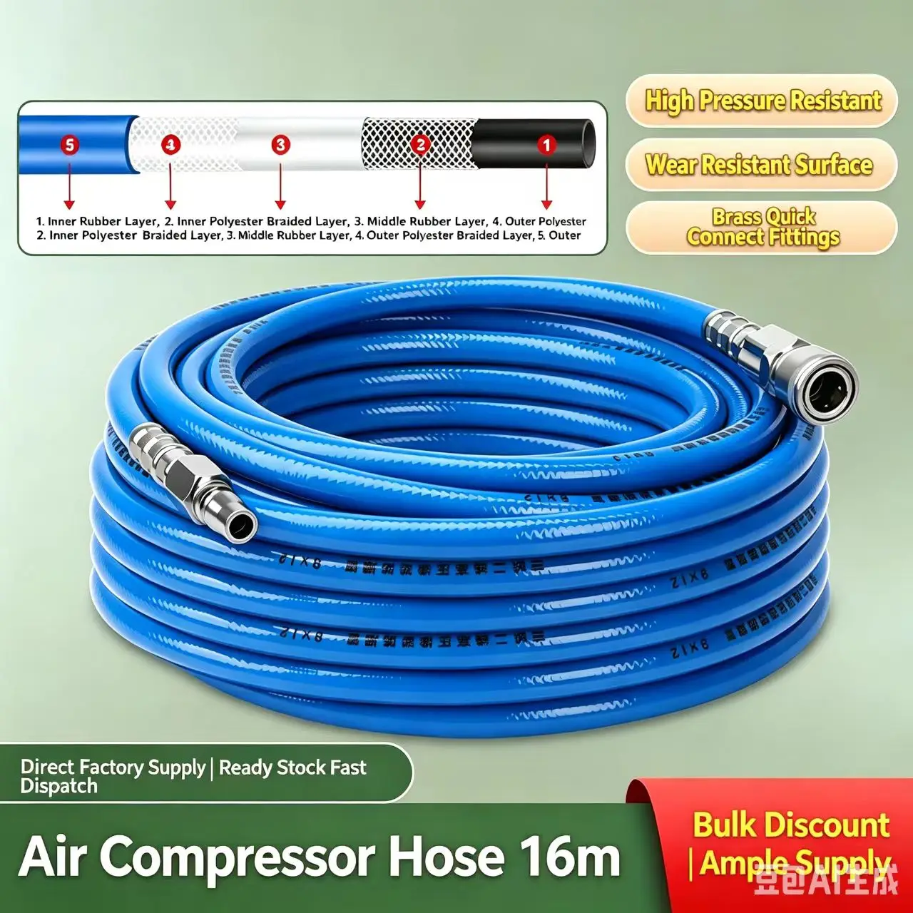 8x12 Braided Air Hose with Quick Connector 10x6.5 PU Tube High Pressure Wearproof 6/11/16m Length Options for Air Compressor
