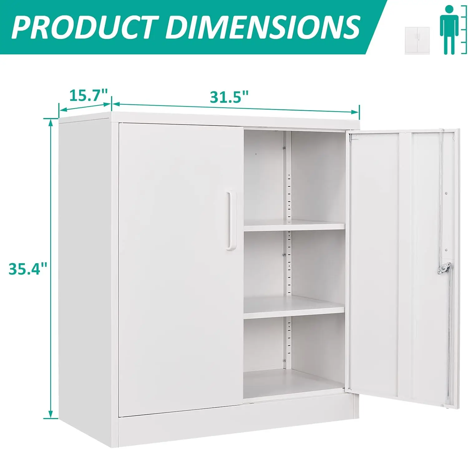 Steel Storage Cabinet Office Cabinet with Shelves and 2 Doors,White Metal Storage Cabinet, Locking Small Metal Cabinet