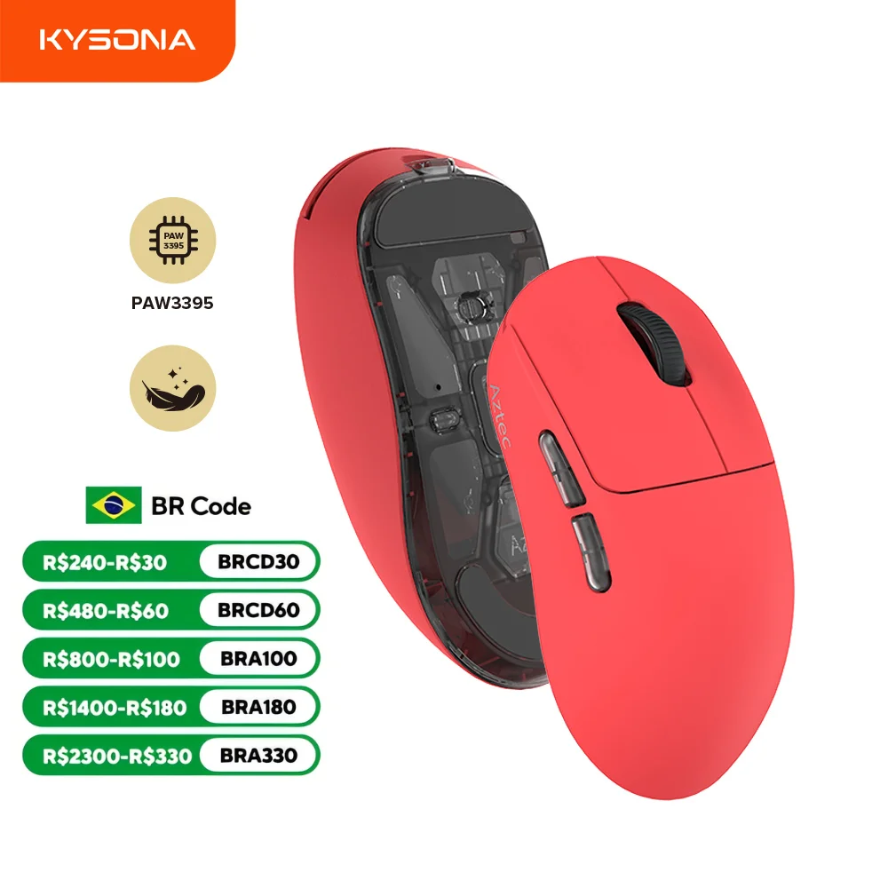 

Kysona Aztec Red PAW3395 Wireless Gaming Mouse 55g Ultra-Light 26000DPI 6 Buttons 90 Million Optical Computer Mice For Laptop PC