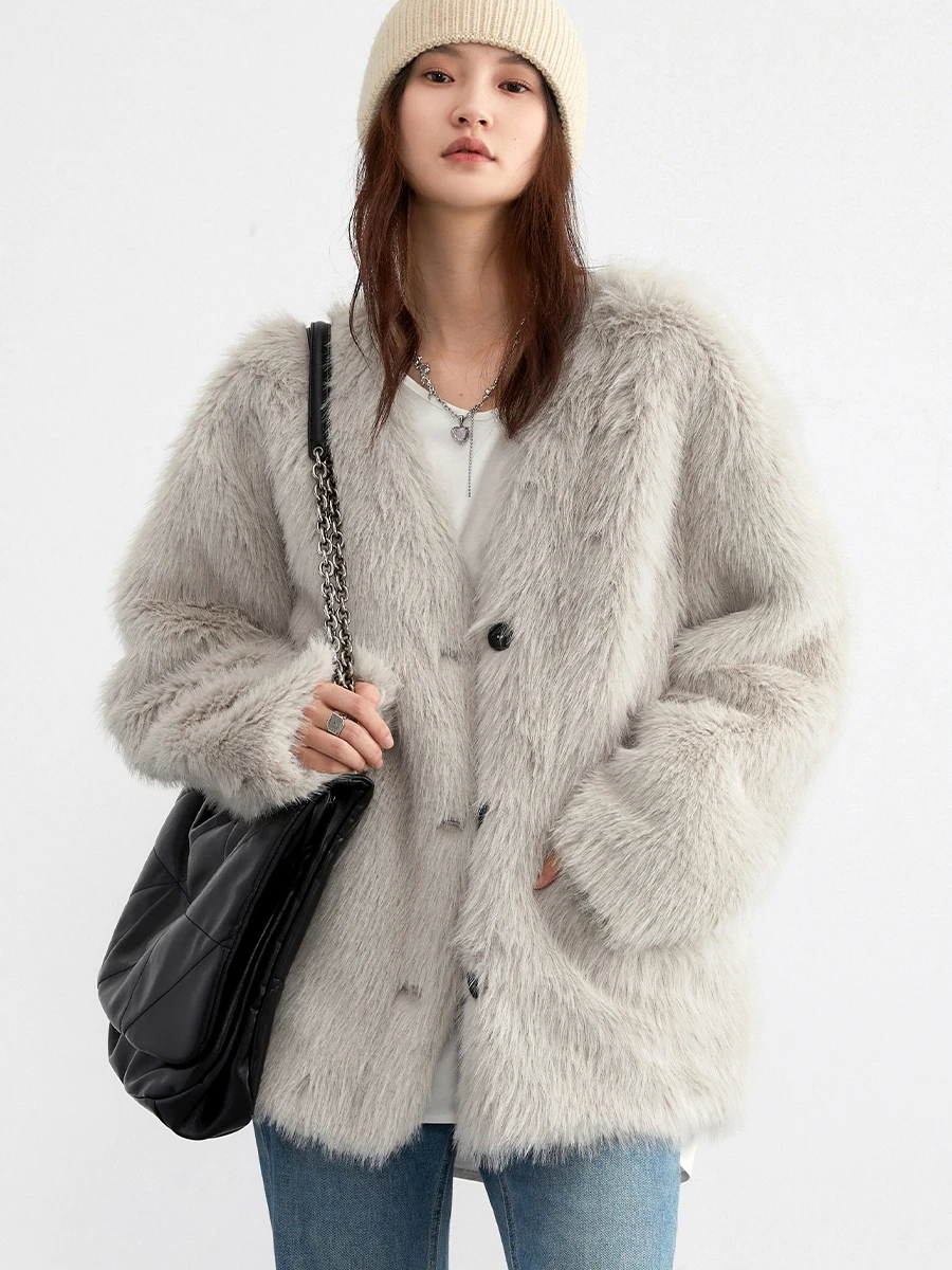 

CHICVEN осень зима новое простое кольцо Young Sle меховая теплая верхняя одежда женское пальто с v-образным вырезом длинное пальто из полиэфирного волокна све