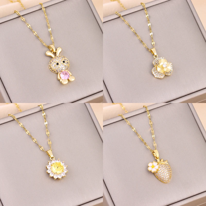 New In Trendy Zircon Crystal Pendant Stainless Steel Necklace For Women Sweet Female Clavicle Chain Jewelry Ladies Accessories