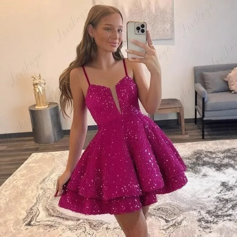 Women Spaghetti Strap Sequin Mini Dress Slim‑Fit Short Cocktail Gown New Arrival For Birthday Banquet Prom Party