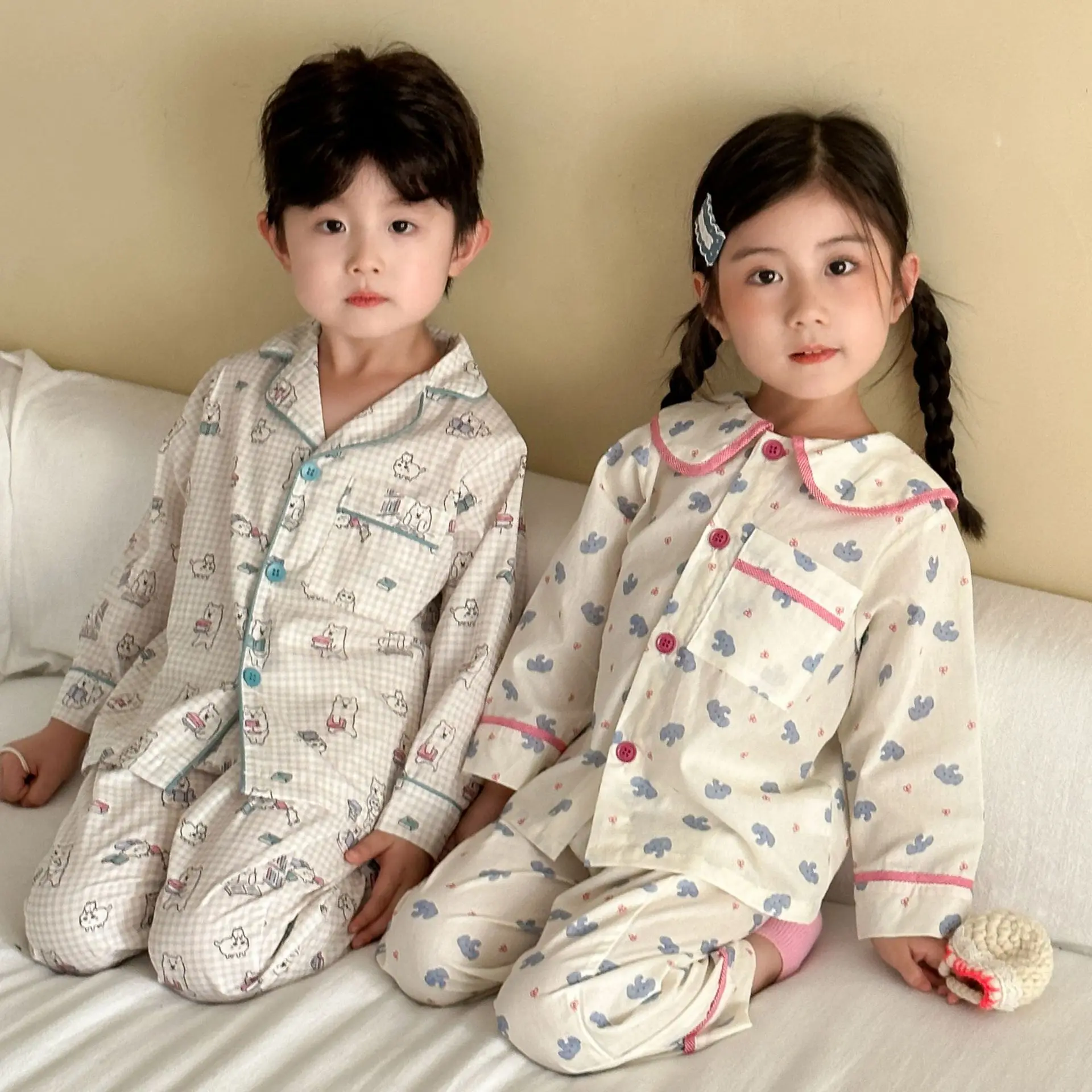

Children's Pajamas Suit 2025 Autumn New Cotton Comfortable Boys' and Girls' Home Clothes Top+Pant Two Piece Suit