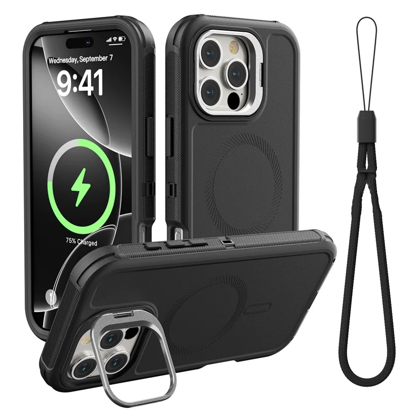 3-in-1 Militärische Schwerlast-Hängegurt-Hülle für iPhone 17 16 15 14 Plus 13 17 18 Pro Max für MagSafe Magnetische Stoßfeste Abdeckung