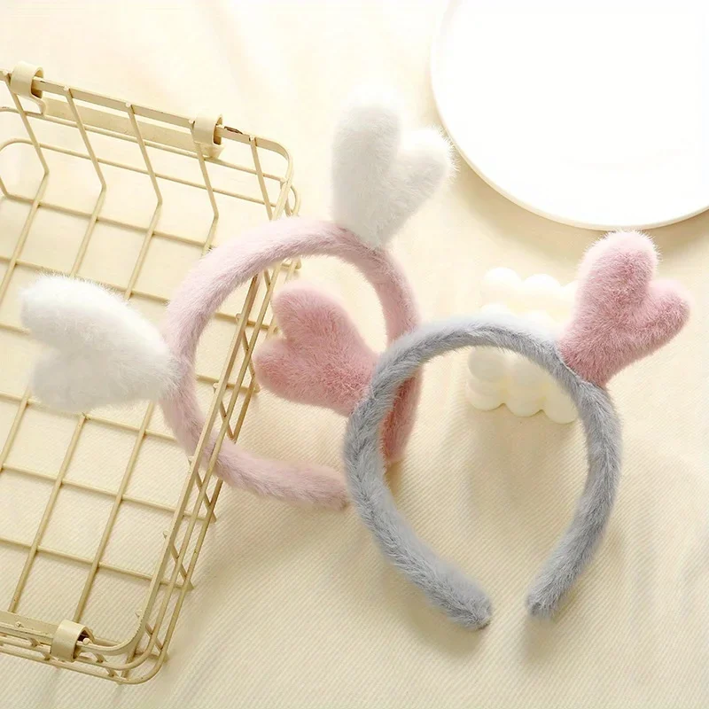 

Korean Minimalist Headband Pink Bow with Deer Antlers Plush Soft Hair Band Japanese Cute Style for Women Girls