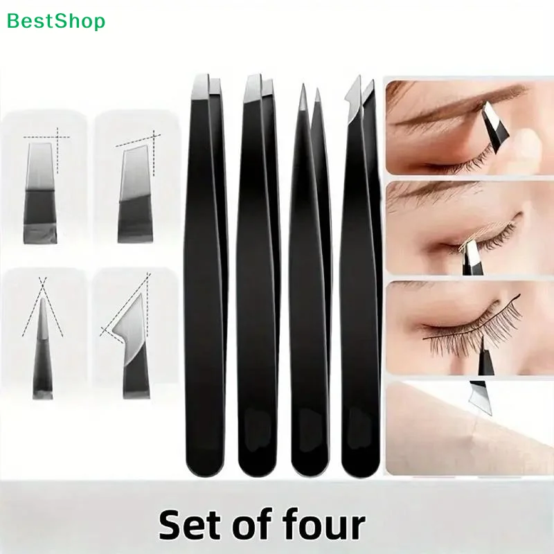 ☽Stainless Steel Precision Tweezers Set with Leather Pouch,Pro Slant/Pointed Tweezers for Eyebrows,Ingrown Hair,Splinters