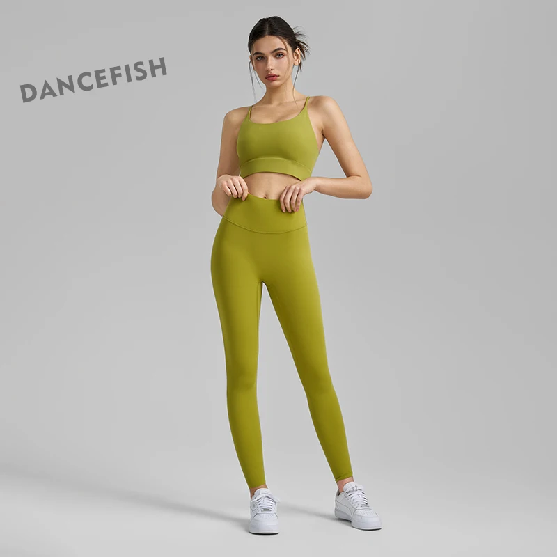 DANCEFISH Fitness suit Two-Piece Sexy Sling Fixed Cup Sports Vest Jelly Gel Yoga Trousers Women