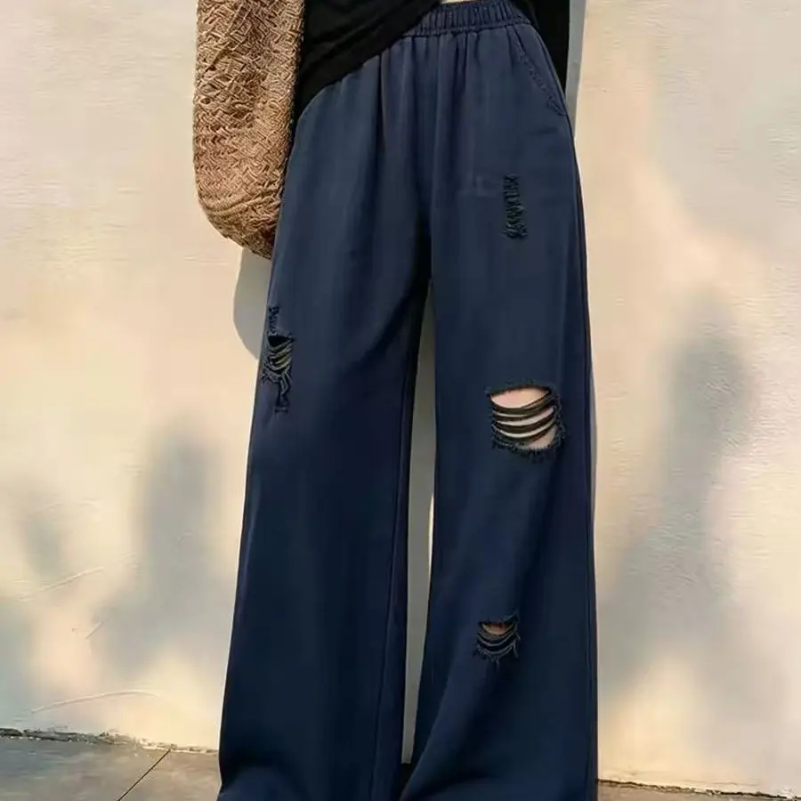 Fashionable High-Waist Wide-Leg Pants Women's Blue Denim Hole Design Summer 2026 Casual Style Polyester Fiber Ladies Trousers