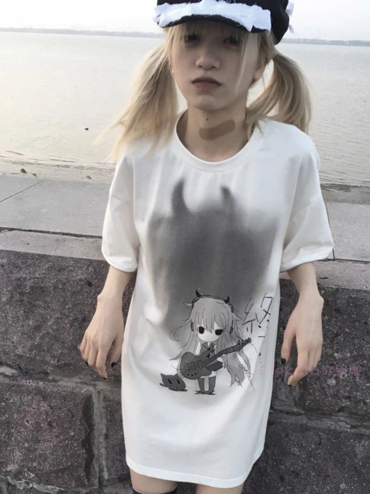 90s Women Detachable Long Sleeve Oversized Tops Fashion Graphic Tees 2023 Korean Tshirts Harajuku Cartoon Print Punk T-shirt