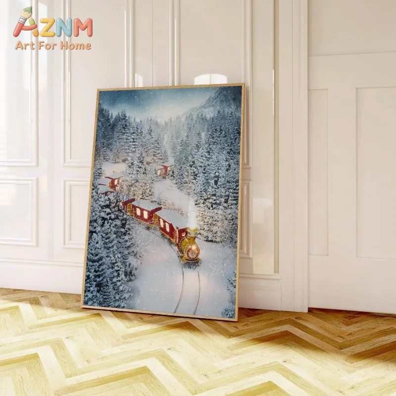 Christmas Polar Train Canvas Wall Art Snow Covered Winter Forest Mountain Locomotive Scene Print Xmas Unframed Canvas Poster