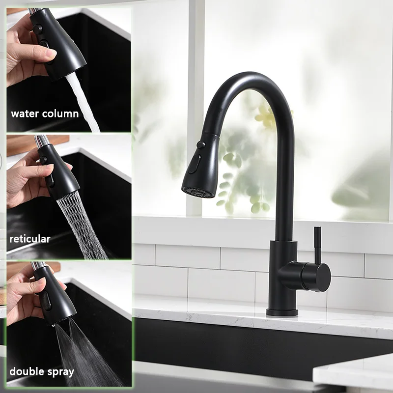 Kitchen Sink Faucet With 3 Modes Water Outlet Spout 360 Degree Rotation Matte Black  Bar  Mixer Tap