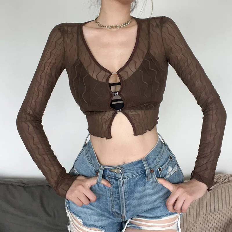 

Sexy Hollow out Long Sleeve T-Shirt Lace Texture Sensual High Waist Crop Top plus Size Women's Fashion Casual Loose Fit Shirt