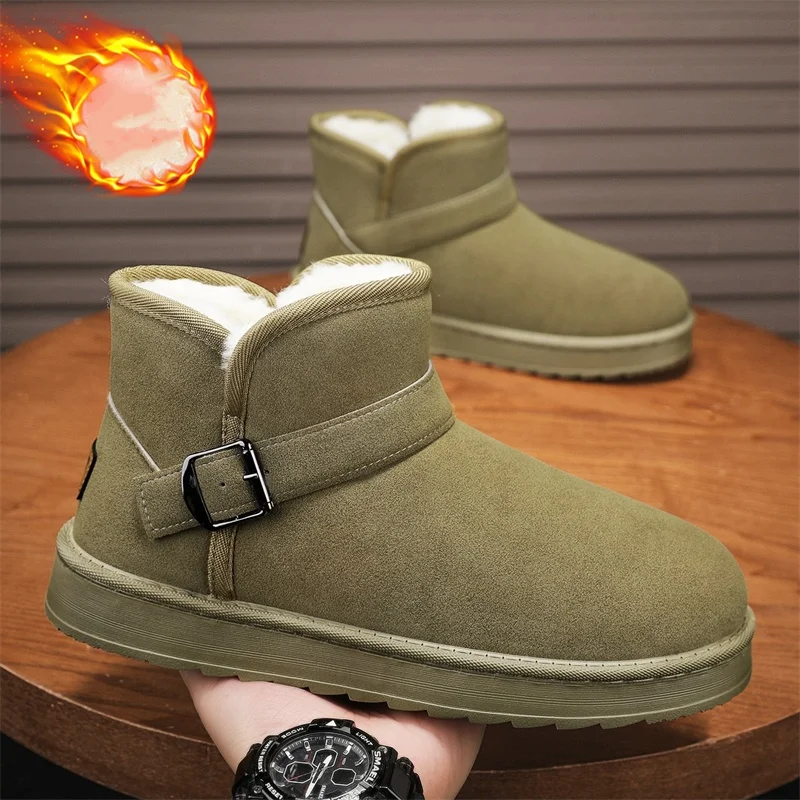 Large Size Couple's Snow Boots with Belt Buckle Decoration, Thick Warm Fleece, Wear-Resistant and Non-Slip, Suitable for Outdoor Use