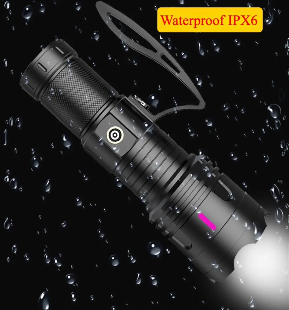 Super Bright LED Flashlight Type C Rechargeable 3 Modes Zoom Handlamp Long Range Tactical Torch Outdoor Waterproof Camping