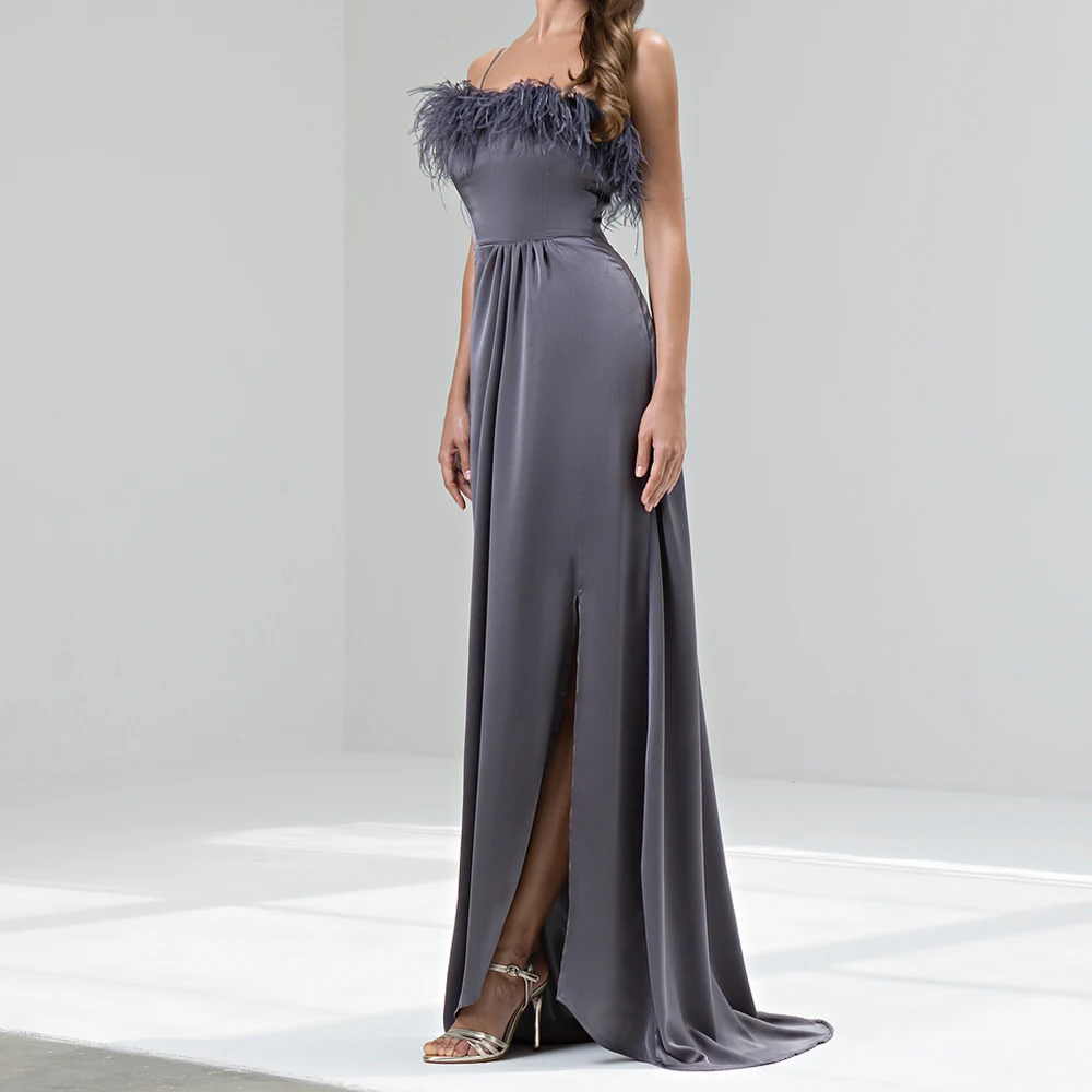 Temperament Jersey Straight Spaghetti Straps Feathers Evening Dress Fashion Floor Length Side Slit فساتين سهره نسائيه فخمة