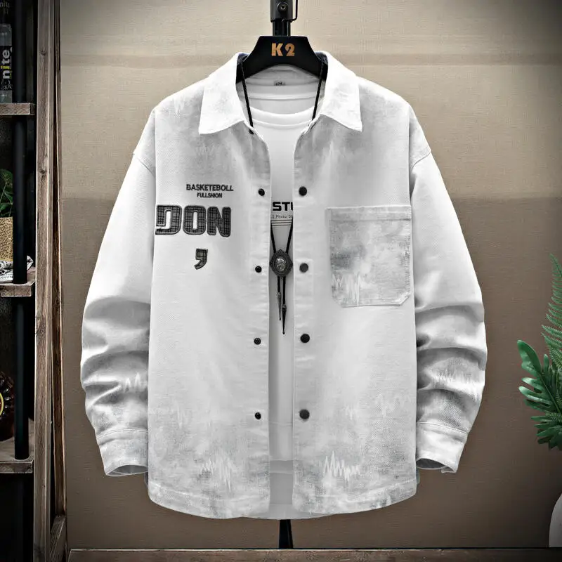 2026 Spring New Men Jacket Coat Fashion Gradient Color Streetwear Loose Denim Shirt Print Letter Out Wear Male Top Plus Size 4Xl