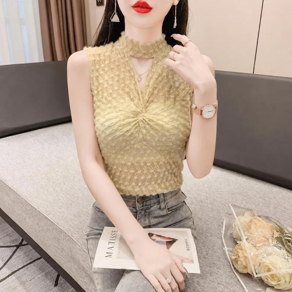 Stylish High Neck Lace Tank Top Sleeveless Slim Fit Mesh Camisole Lace Trim Sheer Mesh Twist Front Vest For Women