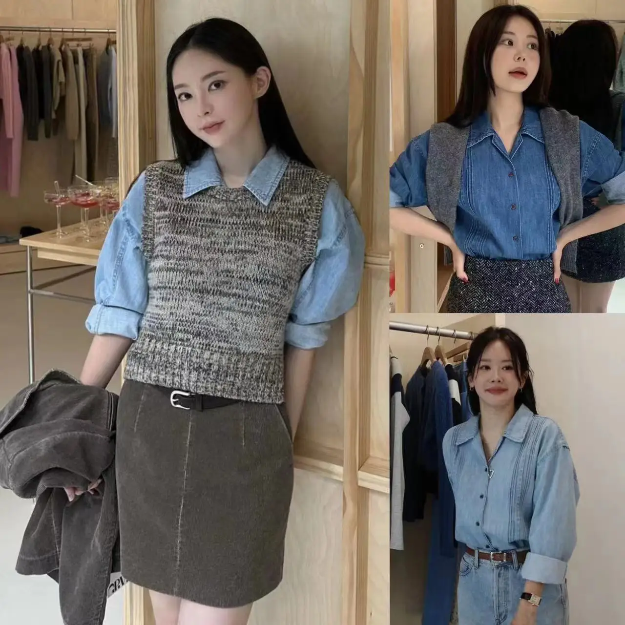 

Retro Spliced Color Knitted Vest Loose V-Ne Denim irt Trendy Women's Long Sve Regular Length Pure Color Commute Sle