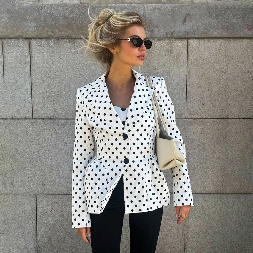 

Linad Autumn Office Lady Polka Dot Coats Women 2025 Elegant Single-Breasted Jackets Female Fashion Autumn Long Sleeve Outerwear
